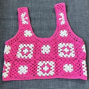 Forever 21 Crop Top Cover Up Beach Summer Pink and White Crochet Crop Top